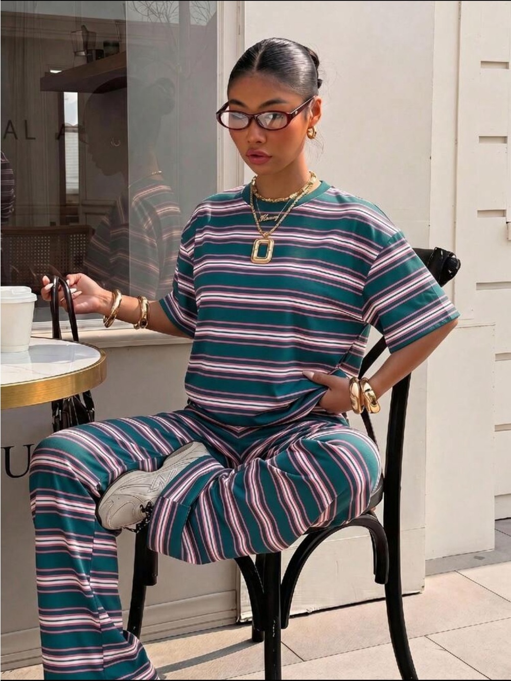 SHEIN Teal Striped Wide Leg Pants & Tee Set